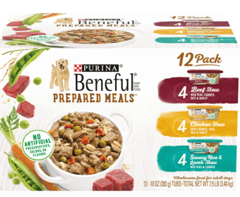 Purina Beneful Prepared Meals Wet Dog Food Soft Real Beef, Chicken & Lamb Stew, 10 oz Tubs (12 Pack)