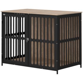 39 Dog Crate Furniture W Anti-Chew Resistant Mesh, Anti-Escape Single Door, For Large Dogs, Walnut Brown (Color: brown)