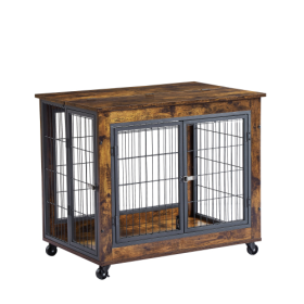Furniture Style Dog Crate Side Table On Wheels With Double Doors And Lift Top. Rustic Brown, 31.50'' W X 22.05'' D X 25'' H. (Color: brown)